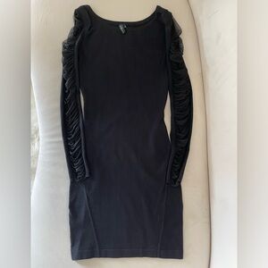Guess By Marciano Black Body-cone Midi Dress with Black Mesh Sleeves Size XS